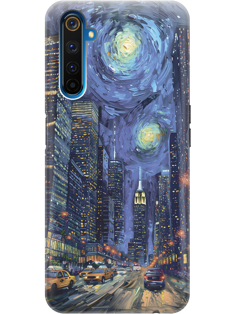 

Силиконовый чехол на Realme 6 Pro с принтом "Ночной проспект", Прозрачный;синий;черный, 726149510