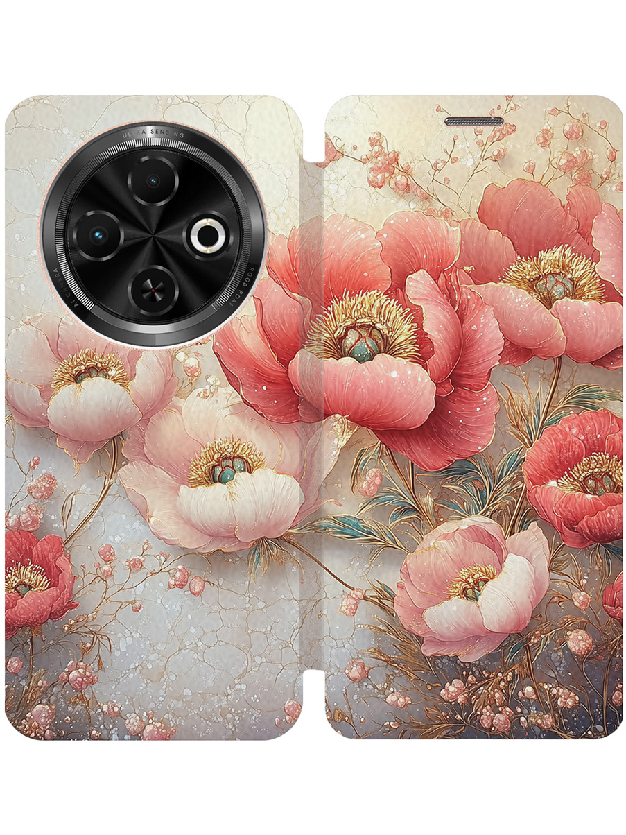 

Чехол-книжка на Tecno Spark 30C с принтом "Винтажные маки" золотой, Золотистый;белый;красный, 786716323