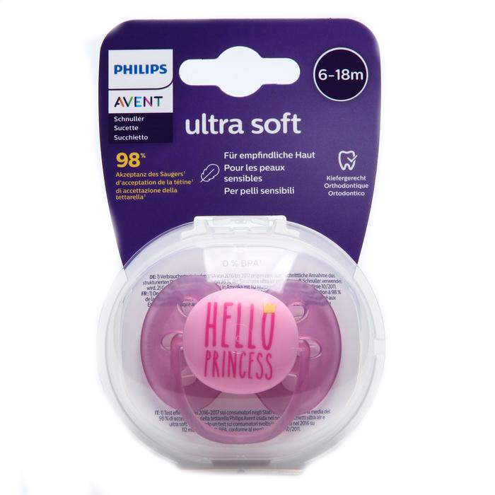 Пустышка ultra soft, Hello princess, 6-18 мес, 1 шт, для девочек