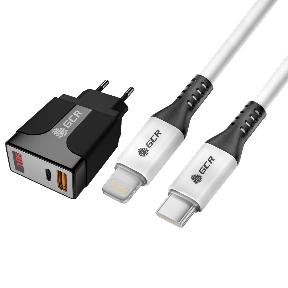 фото Сетевое зарядное устройство gcr gcr-tq-mj03 lightning - usb type-c, 3а черный, белый