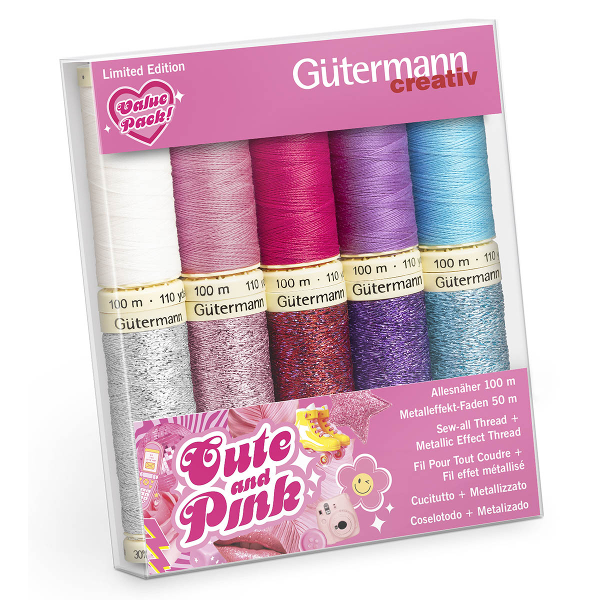 

Набор ниток швейных Gutermann Sew-All №100 100 м 5 шт и Металлик W331 №90 50 м 5 шт, Разноцветный