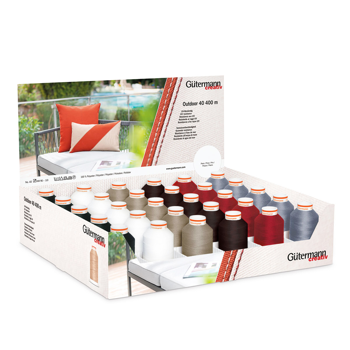

Нитки прочные для уличных тканей Gutermann Outdoor №40 400м дисплей 30 шт 6 цветов