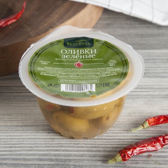 

Оливки ВкусВилл зеленые с красным перцем 120 г