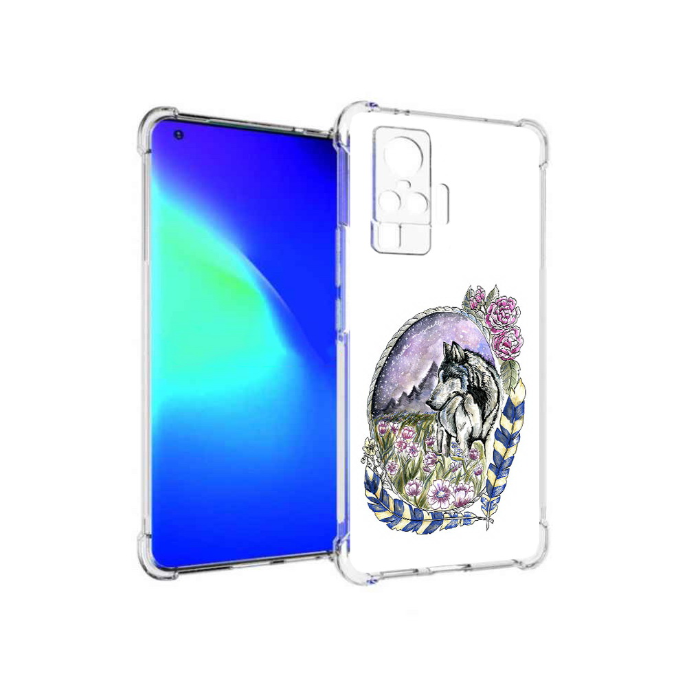 

Чехол MyPads Tocco для Vivo X50 Pro нарисованный волк в цветах с перьями, Прозрачный, Tocco