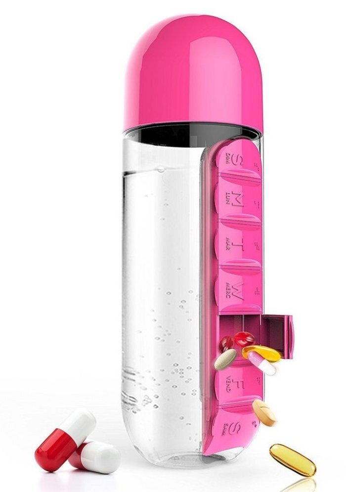 фото Бутылка для воды с таблетницей pill & vitamen organizer bottle, розовая nobrand