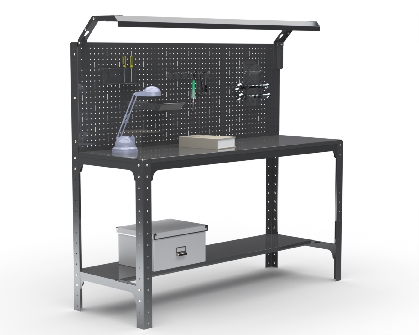 

Стол металлический Metalex серия KIT 750х1300х500, 1 полка + перфопанель с комп. освещения