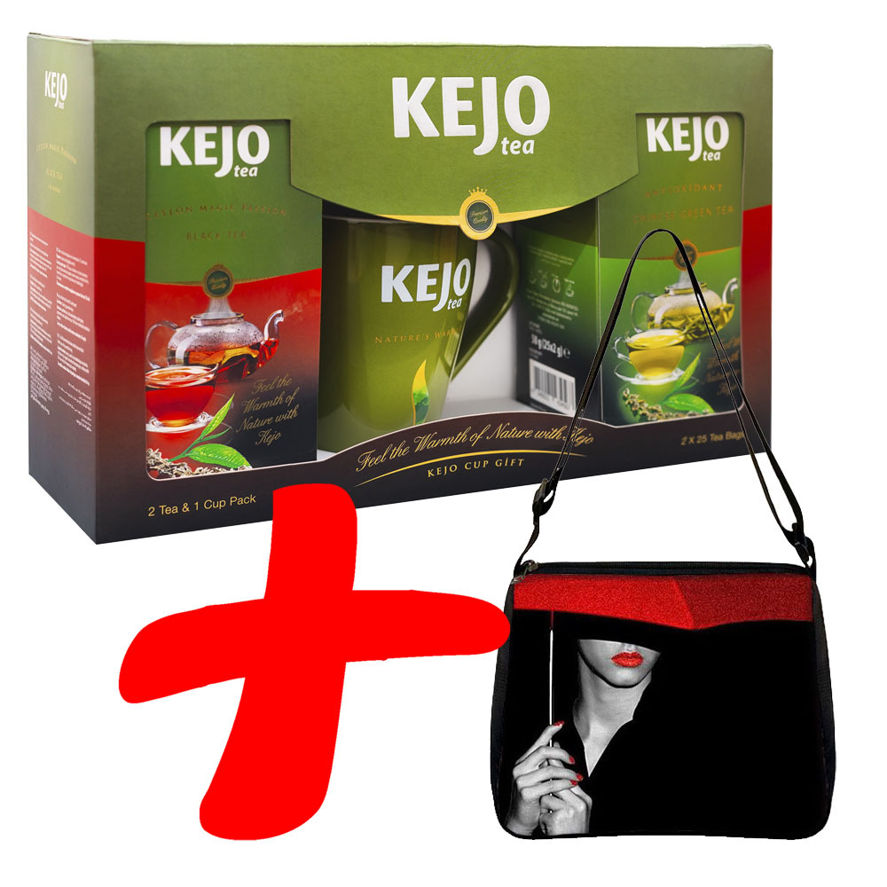 Подарочный набор KEJOfoods Черный и зеленый чай 50 пакетиков, кружка, сумка Красотка