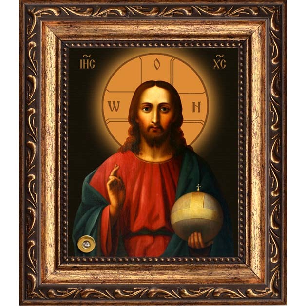 

Господь Вседержитель с державой. Копия старинной иконы на холсте с мощевиком.
