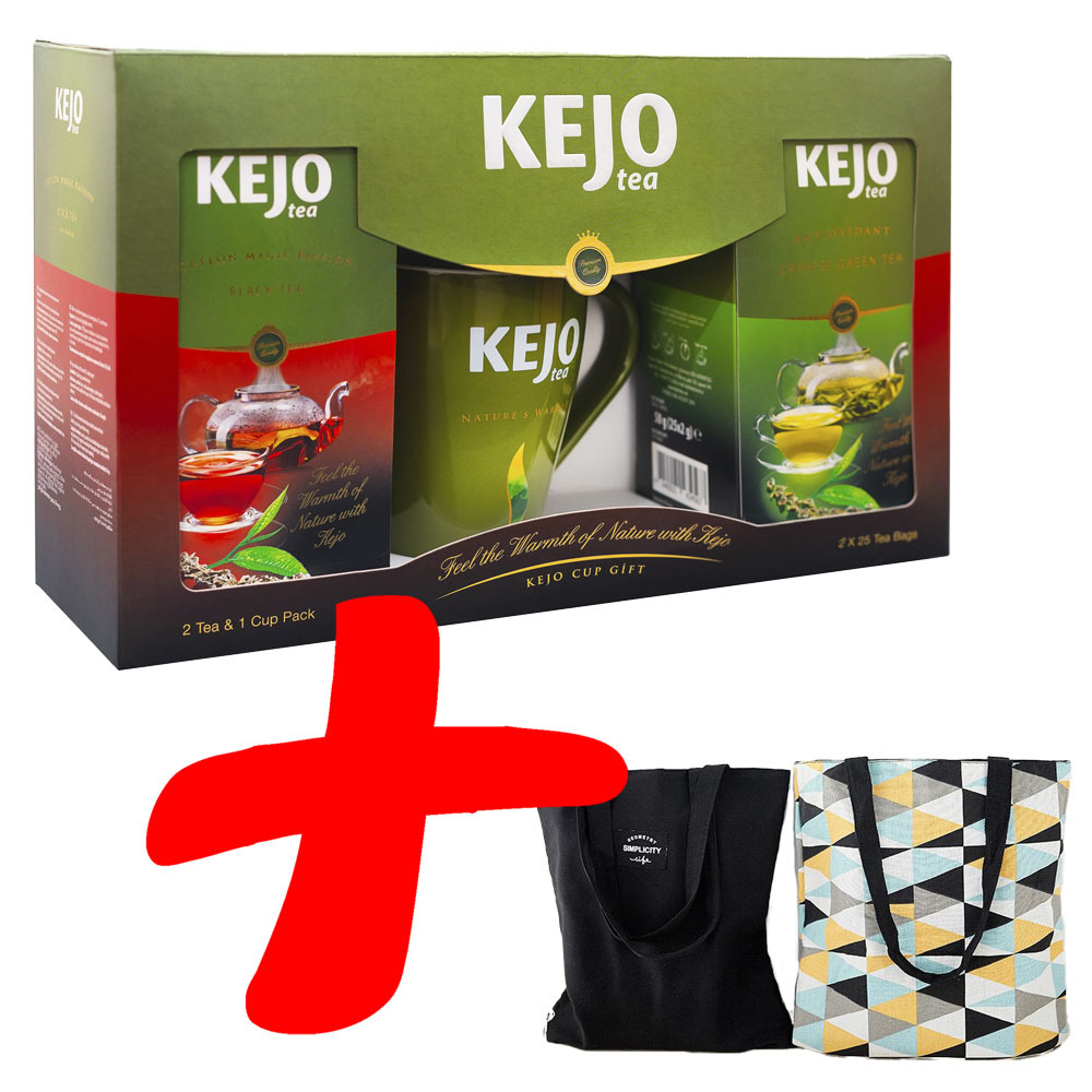 Подарочный набор KEJOfoods Черный и зеленый чай 50 пакетиков, кружка, сумка двусторонняя