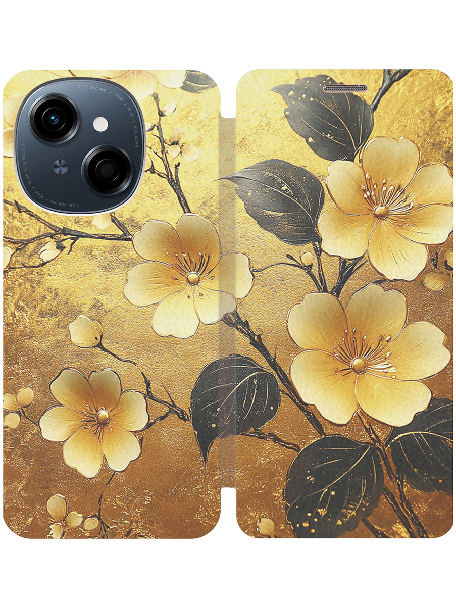 

Чехол-книжка на Tecno Spark Go 1/Pop 9 с принтом "Цветы и золото" золотой, Золотистый;желтый;черный, 786716924