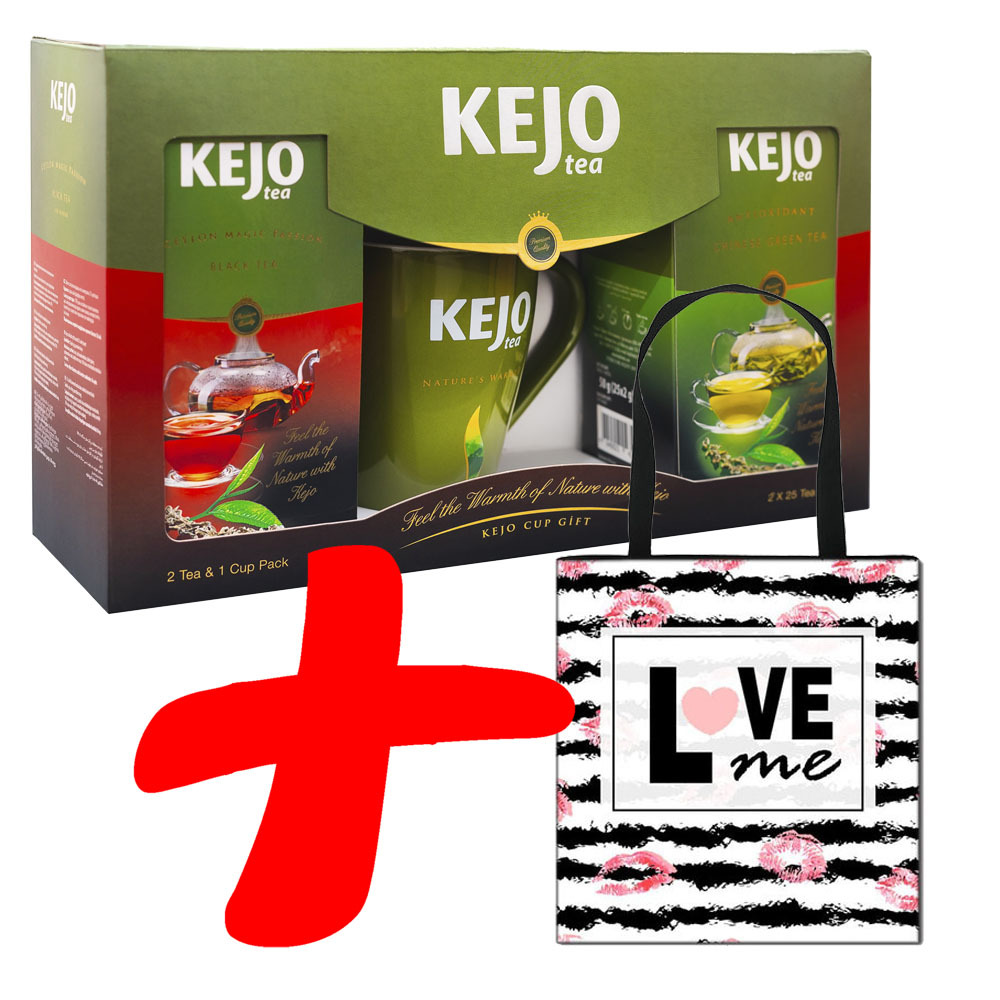 Подарочный набор KEJOfoods Черный и зеленый чай 50 пакетиков, кружка, сумка шоппер love me