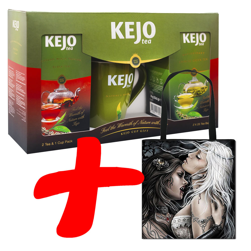 Подарочный набор KEJOfoods Черный и зеленый чай 50 пакетиков, кружка, сумка шоппер Вамп