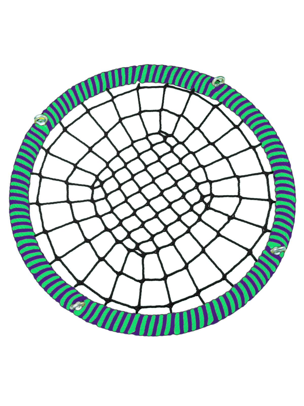 

Качели-гнездо JINN ЦП/РГ/140/102/16/8/З/Ф-Ч/КГ 140x140 см черный, фиолетовый, зеленый, 140 круг 102 обод 16 и 8 канат рымгайки ЦП