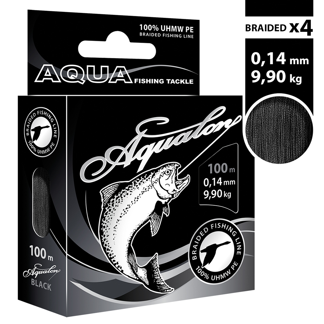 Плетеный шнур AQUA Aqualon Black 0,14mm 100m, цвет - черный, test - 9,90kg