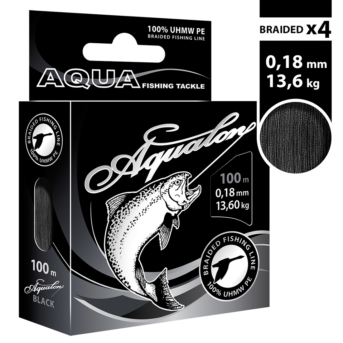 

Плетеный шнур AQUA Aqualon Black 0,18mm 100m, цвет - черный, test - 13,60kg, AQUALON