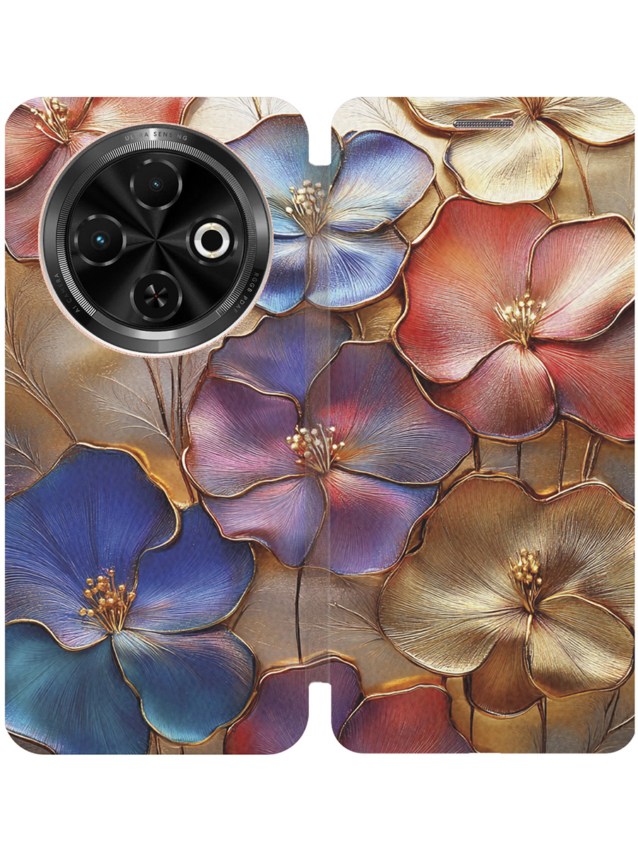 

Чехол-книжка на Tecno Spark 30C с принтом "Позолоченные цветы" золотой, Золотистый;красный;синий, 786716324