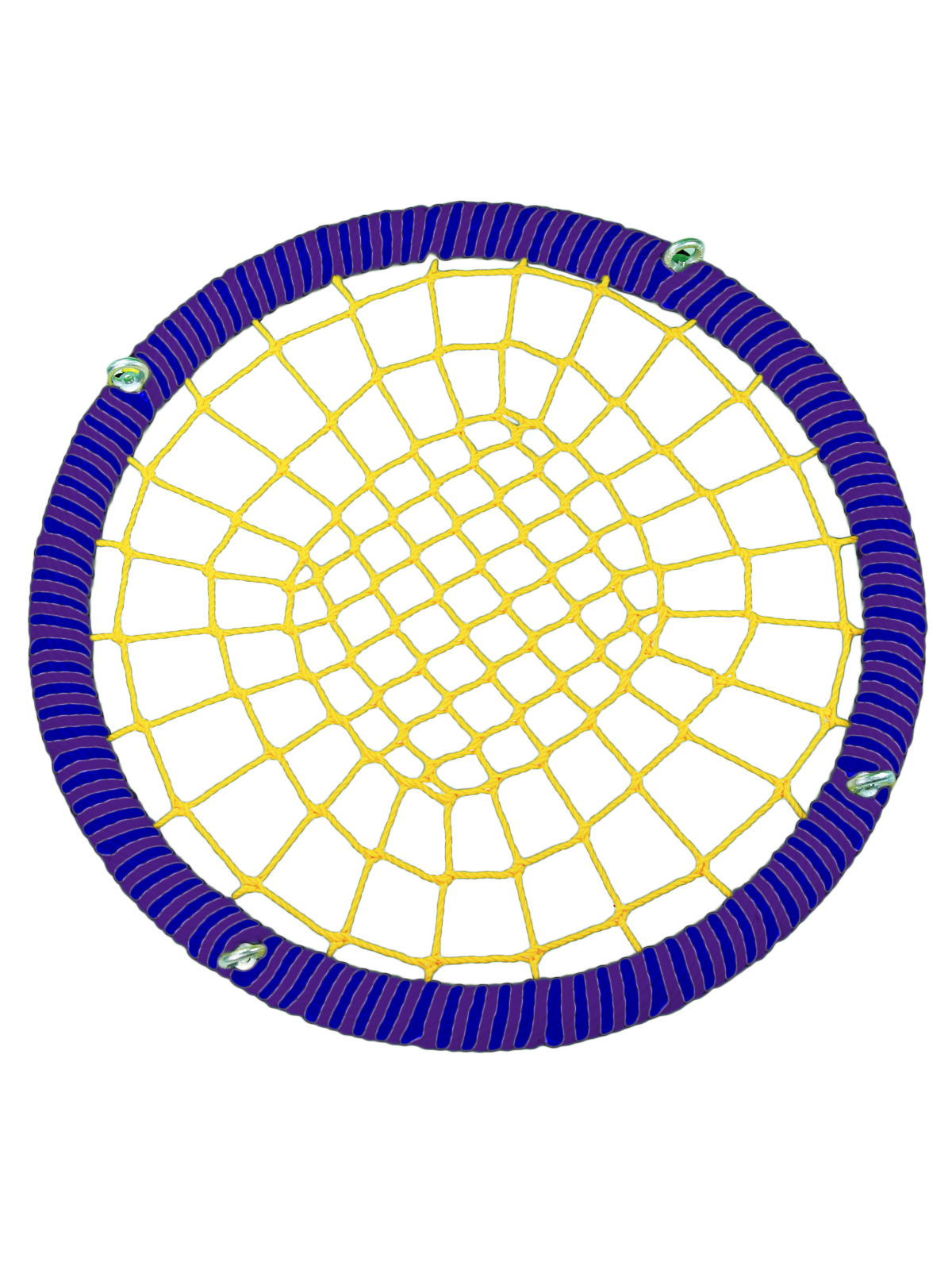 

Качели-гнездо JINN КТ/РГ/140/102/16/8/С/Ф-Ж/КГ 140x140 см фиолетовый, желтый, синий, 140 круг 102 обод 16 и 8 канат рымгайки