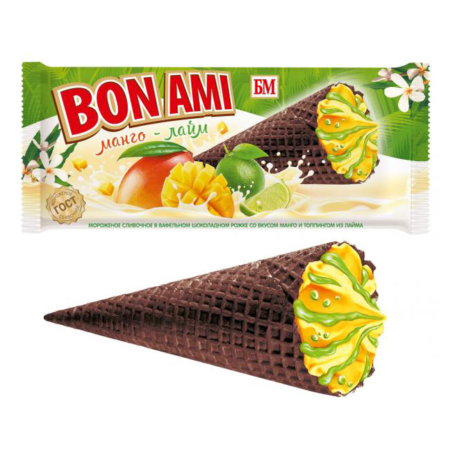 

Мороженое сливочное Bon Ami манго-лайм в хрустящем вафельном рожке 70 г