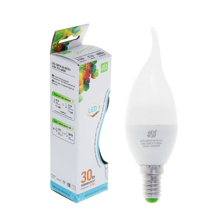 

Лампа светодиодная ASD LED standard, Е14, 3.5 Вт, 4000 К, 320 Лм