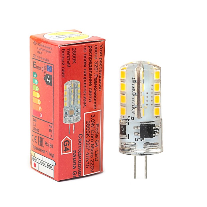 

Лампа светодиодная Ecola Corn Micro, G4, 3 Вт, 2800 K, 320°, 40х15 мм