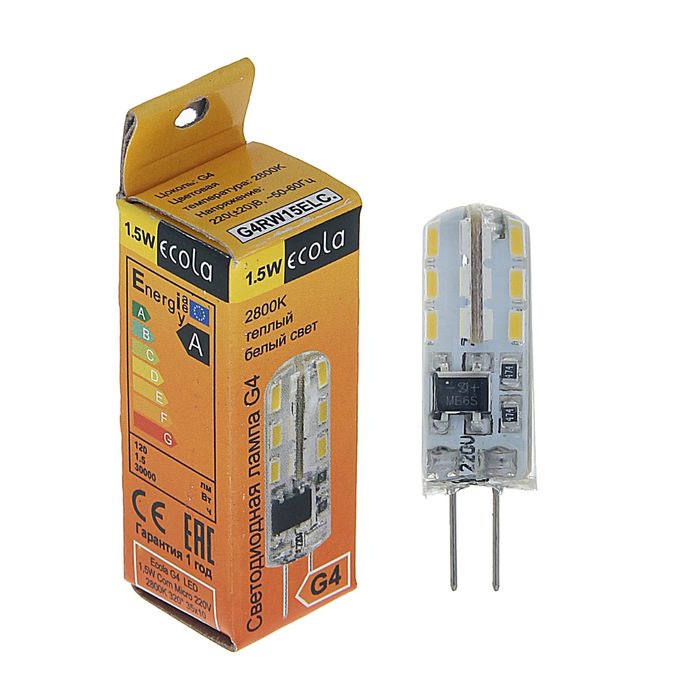 Лампа светодиодная Ecola Corn Micro, G4, 1.5 Вт, 2800 K, 320°, 35х10 мм G4RW15ELC