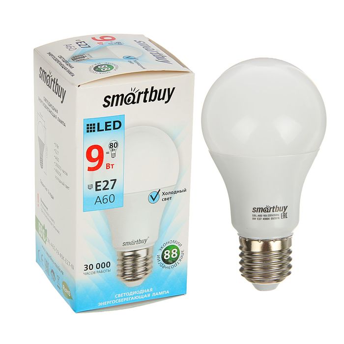 

Лампа cветодиодная Smartbuy, E27, A60, 9 Вт, 4000 К, дневной белый свет