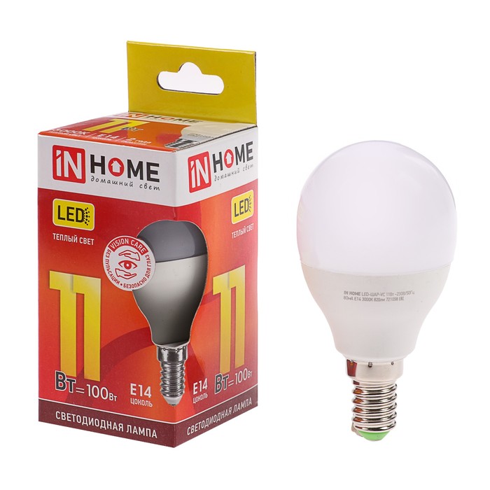 

Лампа светодиодная IN HOME LED-ШАР-VC, Е14, 11 Вт, 230 В, 3000 К, 990 Лм