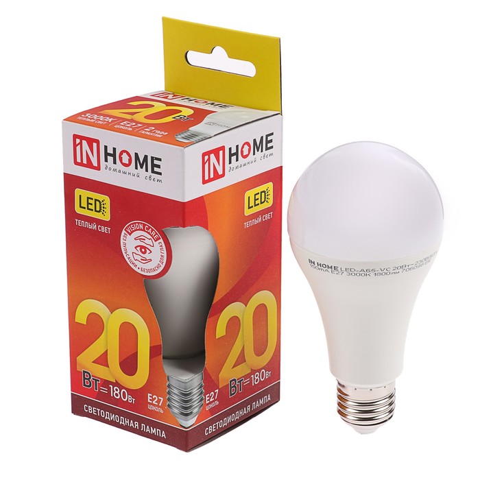 

Лампа светодиодная IN HOME LED-A60-VC, Е27, 20 Вт, 230 В, 3000 К, 1900 Лм