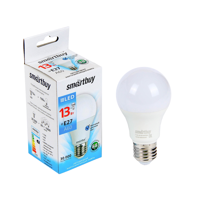 

Лампа cветодиодная Smartbuy, E27, A60, 13 Вт, 6000 К, холодный белый свет