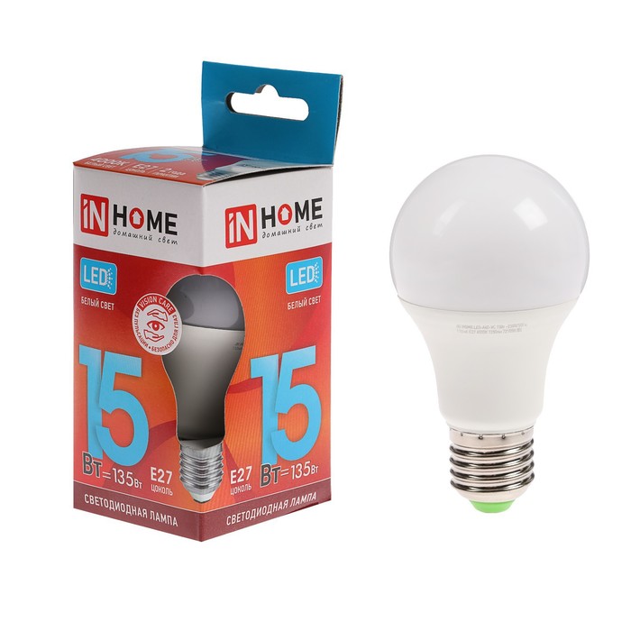 

Лампа светодиодная IN HOME LED-A60-VC, Е27, 15 Вт, 230 В, 4000 К, 1350 Лм