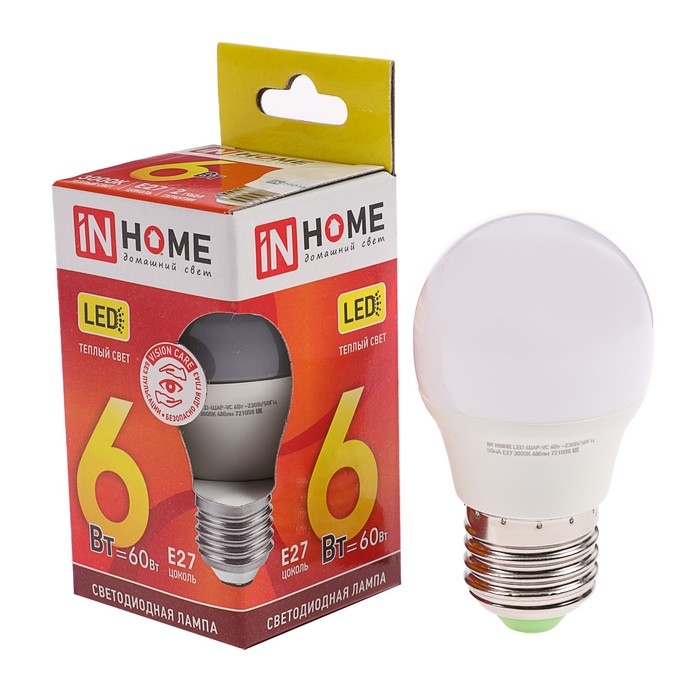 

Лампа светодиодная IN HOME LED-ШАР-VC, Е27, 6 Вт, 230 В, 3000 К, 480-540 Лм