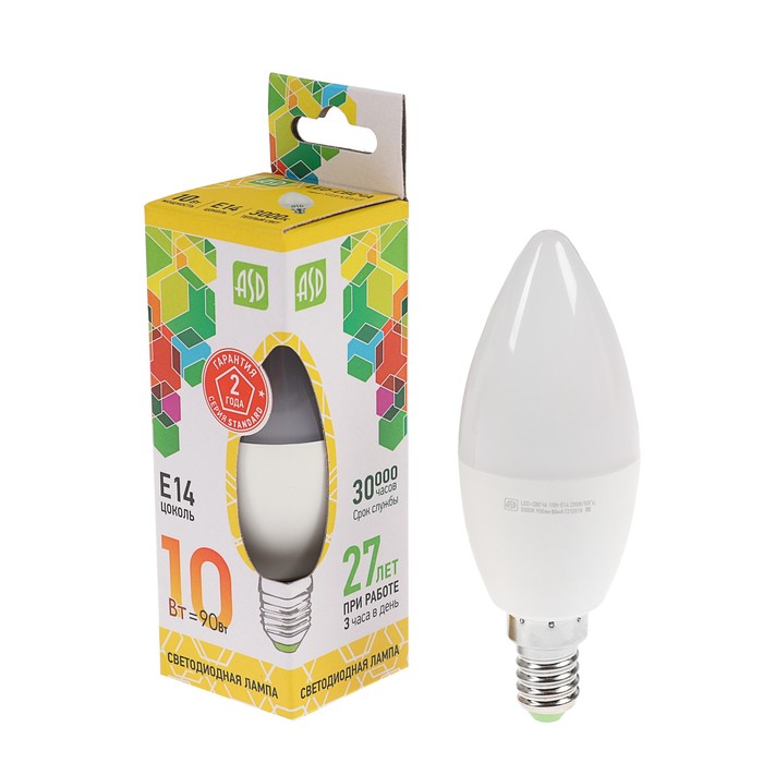 

Лампа светодиодная ASD LED-СВЕЧА-standard, Е14, 10 Вт, 230 В, 3000 К, 950 Лм