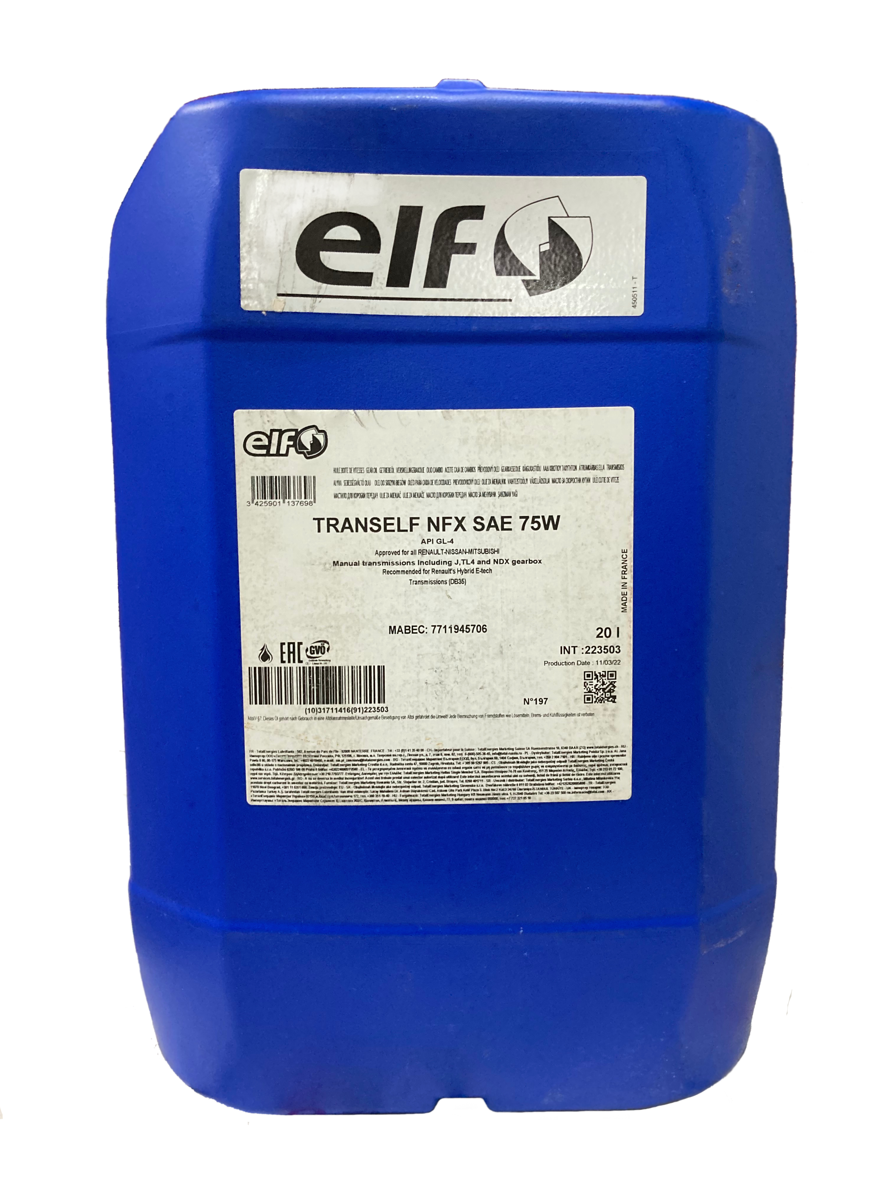 

Трансмиссионное масло ELF TRANSELF NFX SAE 75W 20л, ELF TRANSELF NFX SAE 75W 20L