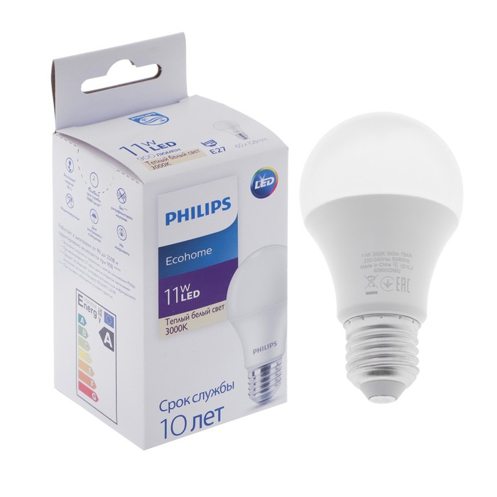 фото Лампа светодиодная philips ecohome bulb 830, e27, 11 вт, 3000 к, 900 лм, груша