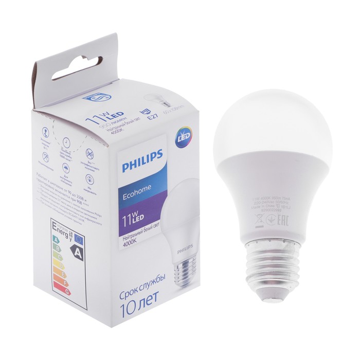 фото Лампа светодиодная philips ecohome bulb 840, e27, 11 вт, 4000 к, 950 лм, груша