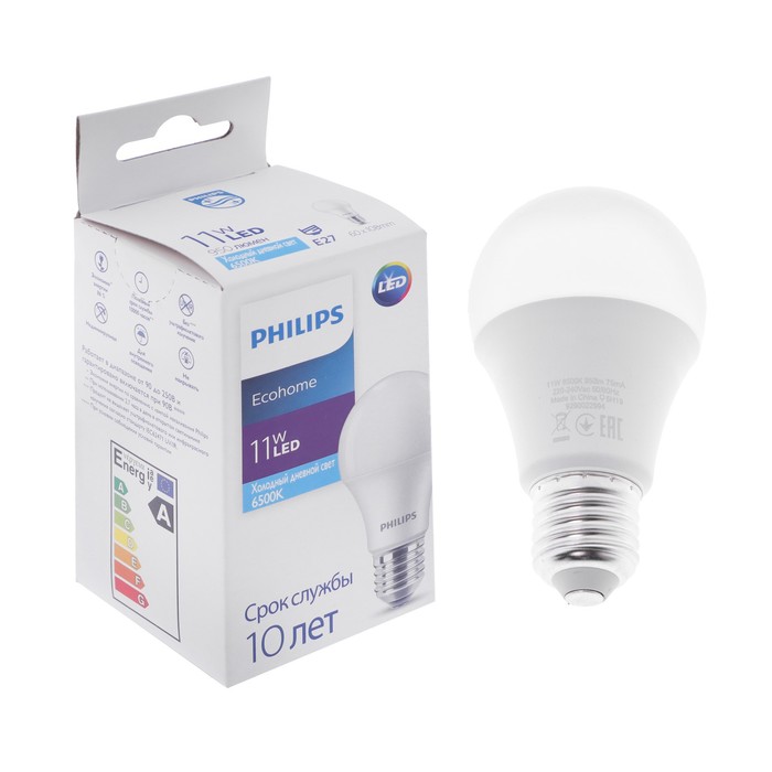 

Лампа светодиодная Philips Ecohome Bulb 865, E27, 11 Вт, 6500 К, 950 Лм, груша
