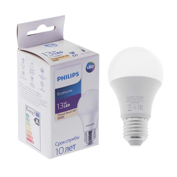 

Лампа светодиодная Philips Ecohome Bulb 830, E27, 13 Вт, 3000 К, 1150 Лм, груша