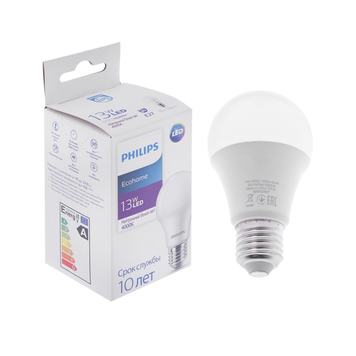 

Лампа светодиодная Philips Ecohome Bulb 840, E27, 13 Вт, 4000 К, 1250 Лм, груша