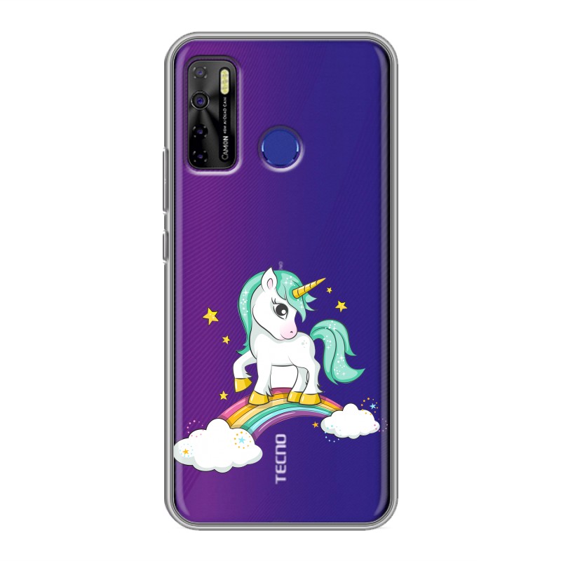 

Полупрозрачный дизайнерский силиконовый чехол для Tecno Camon 15 Радуга и единорог