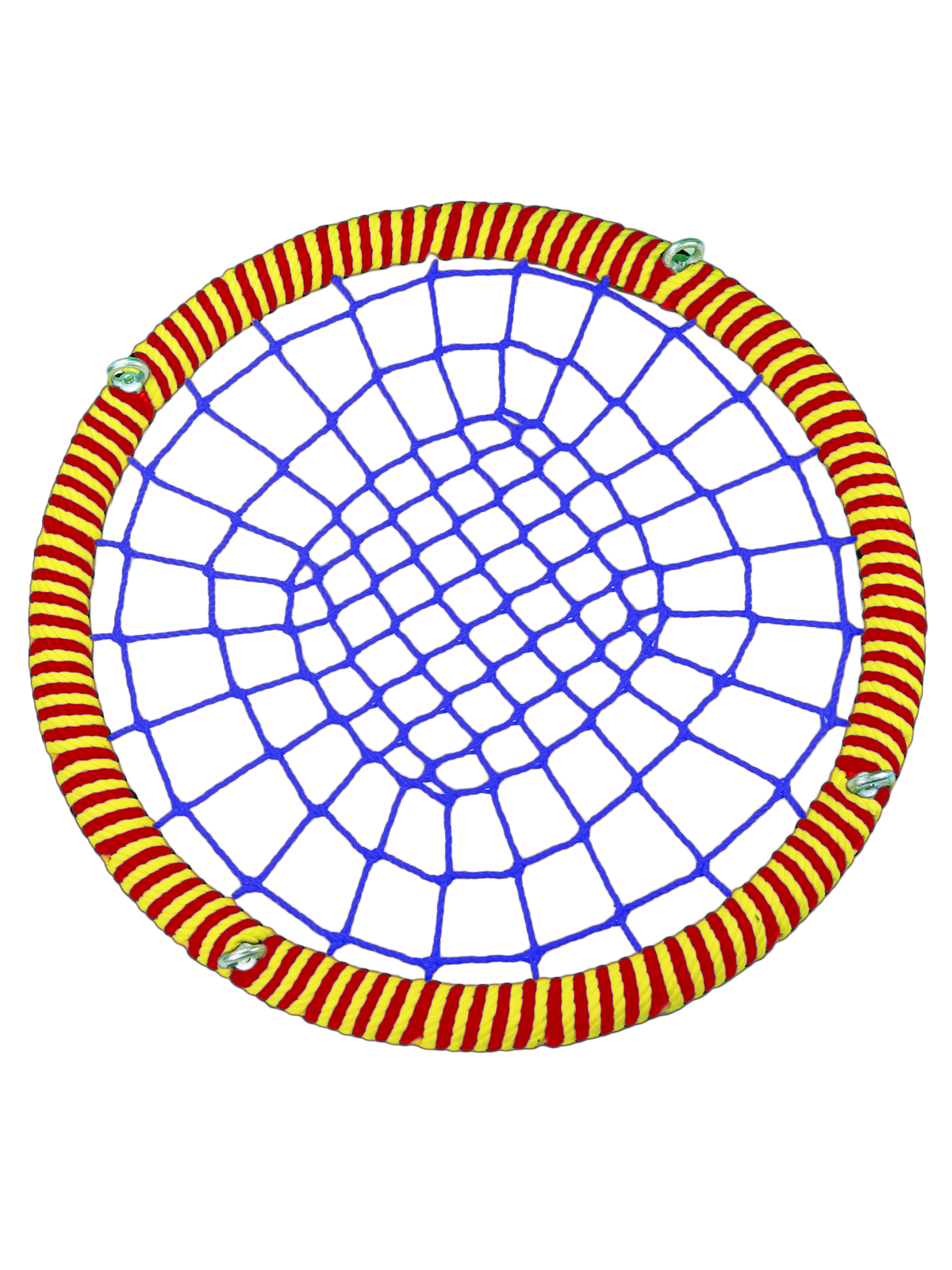 

Качели-гнездо JINN ЦП/ПШ/140/102/16/8/КР/Ж-С/КГ 140x140 см красный, желтый, синий, 140 круг 102 обод 16 и 8 канат подшипники