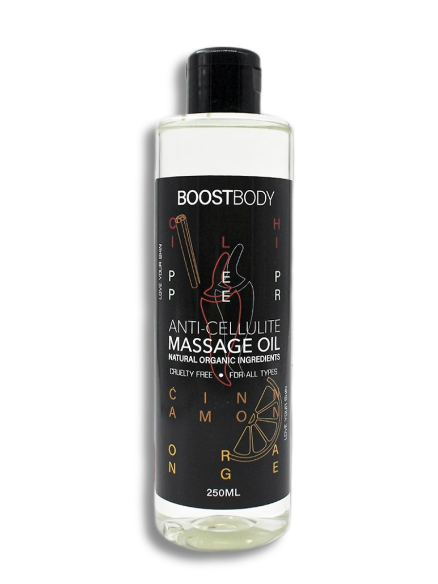 фото Массажное антицеллюлитное масло от растяжек boostbody "апельсин, корица и перец", 250 мл