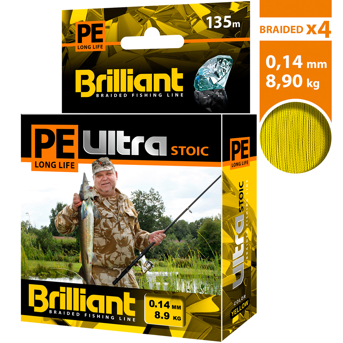 

Плетеный шнур AQUA PE Ultra Brilliant Stoic Ultra Yellow 135m 0.14 mm, желтый, 8,90kg, PE Ultra Brilliant Stoic