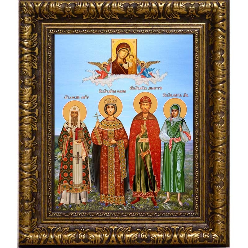 

Святые Димитрий, Елена, Алексий и Мария. Семейная икона на льняном холсте.