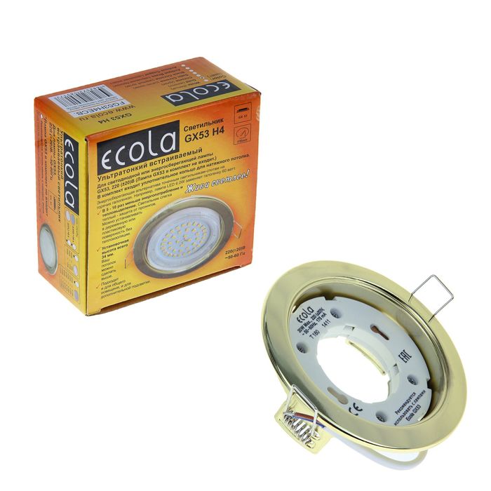 

Светильник встраиваемый Ecola, H4, GX53, без рефлектора, цвет золото