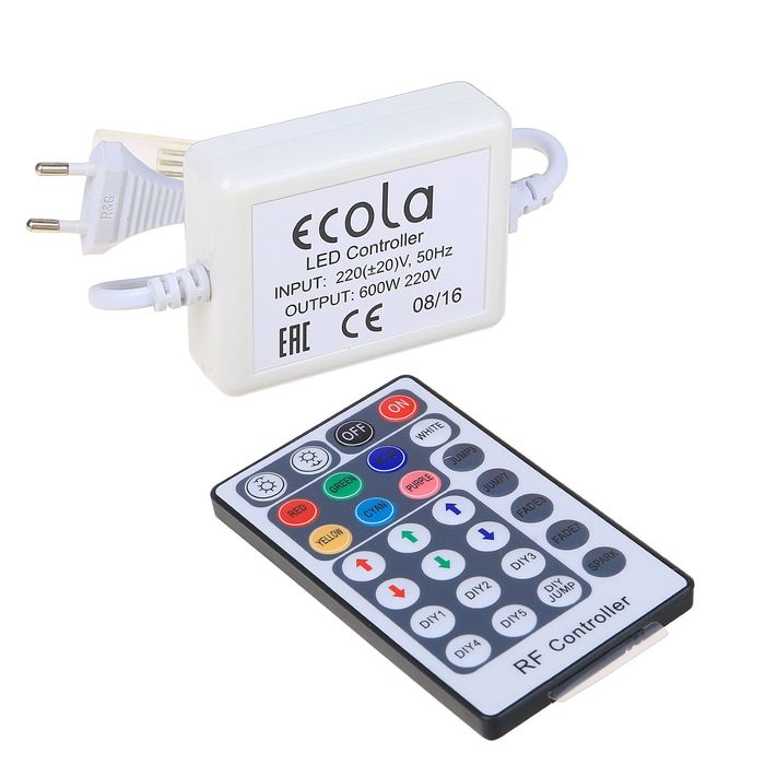 

Контроллер Ecola для RGB ленты 14x7 мм, IP68, 220 В, 600 Вт, пульт ДУ, Белый