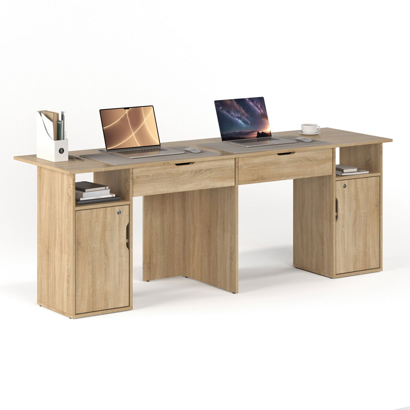 

Письменный стол 208х60 МагМебель №81Я дуб сонома, Письменный стол для двоих детей с двумя тумбами с дверцами и двумя широкими ящиками под столешницей 208х60 №81Я