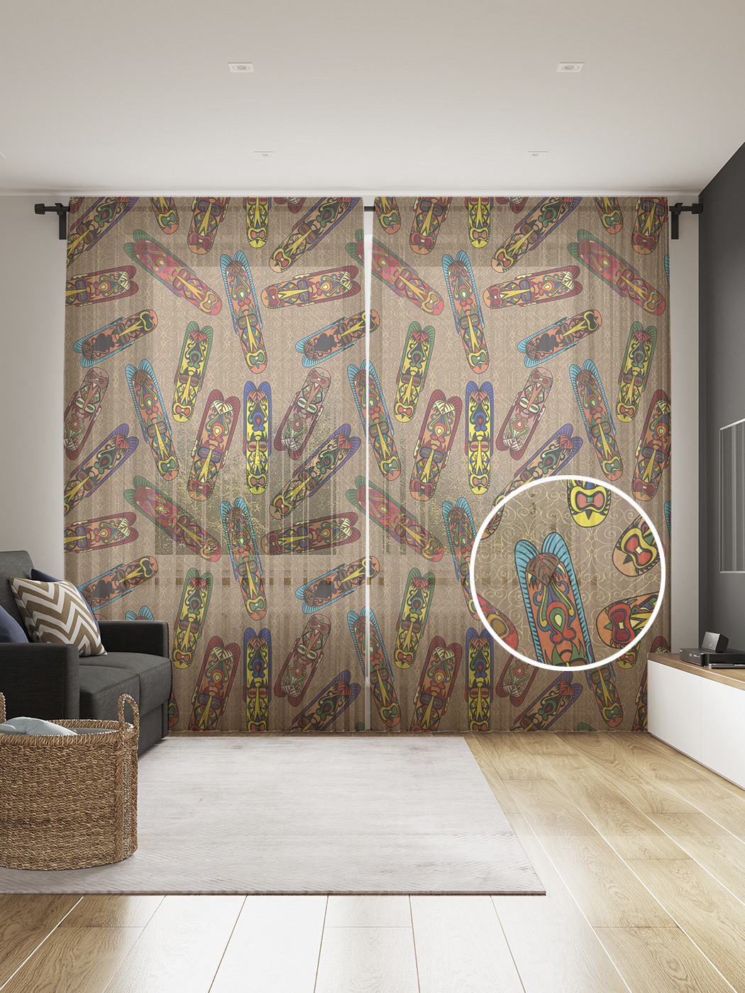 фото Фототюль joyarty "африканские маски", 145x265см (2 полотна со шторной лентой + 50 крючков)