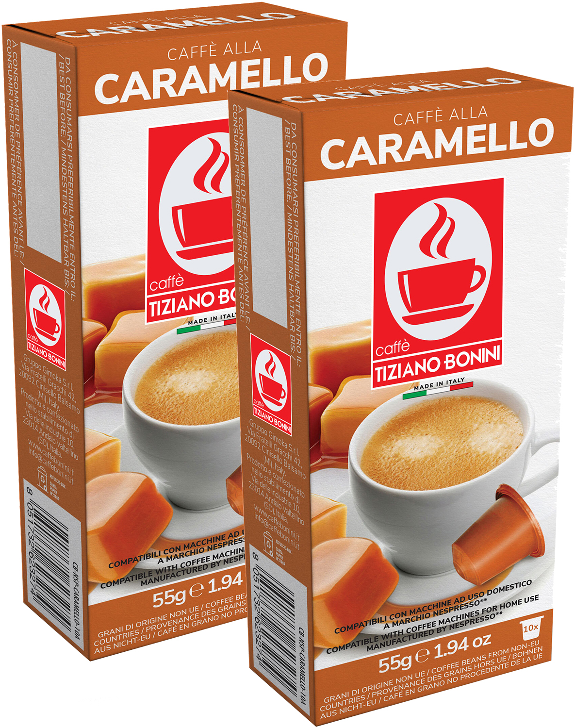 Кофе в капсулах Caffe Tiziano Bonini Caramello для Nespresso, 10 шт по 5,5 г, 2 упаковки
