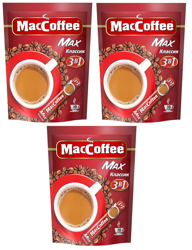 Кофе растворимый MacCoffee Мах Классик 20 пакетиков по 16 г 3 упаковки 1454₽