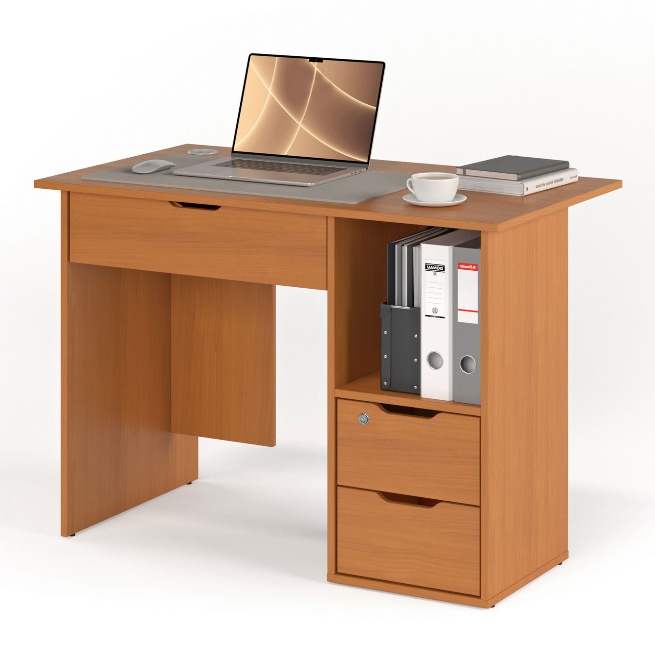 

Письменный стол МагМебель №62Я груша, Письменный стол с двумя узкими и одним широким ящиком и высокой нишей для папок №62Я тумба справа